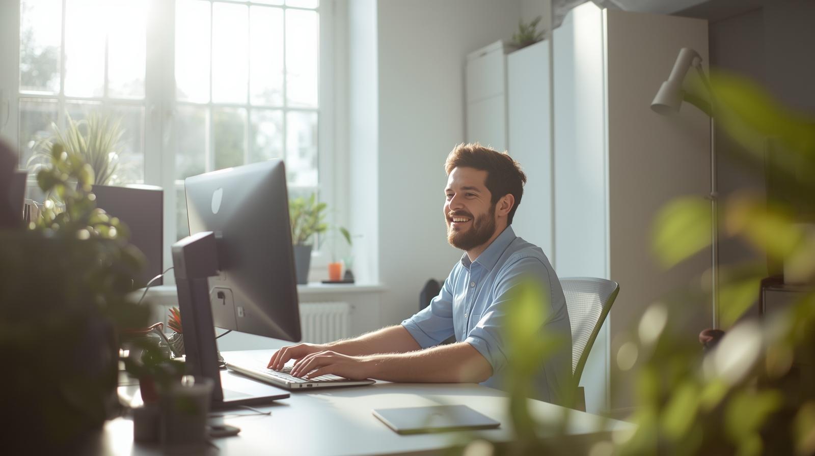 Bright home office scene showing user working calmly on Windows computer setup.