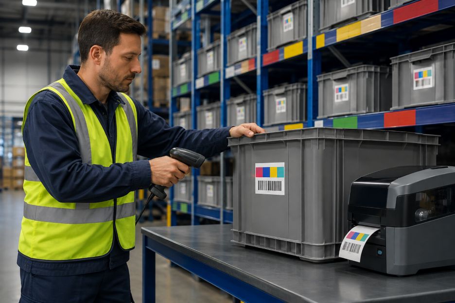 Warehouse Specialist Scans Colorful Bin Label