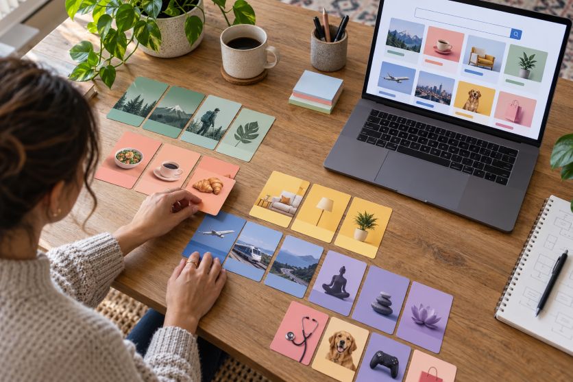 UX designer organizing colorful category cards for a large online directory